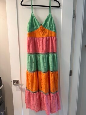 Tiered Eyelet Maxi Dress in Mint, Pink & Orange